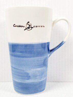 CARIBOU 18oz Blue & White Tall 6.5" Ceramic Coffee Latte Tea Travel Mug Cup 2015